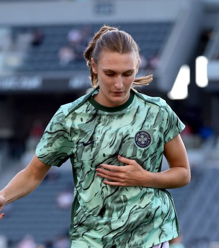 LOS ANGELES, CALIFORNIA - MAY 24: Avery Kalitta #24 of Racing Louisville FC warms up prior to the game against the Angel City FC at BMO Stadium on May 24, 2025 in Los Angeles, California. (Photo by Katelyn Mulcahy/NWSL via Getty Images)